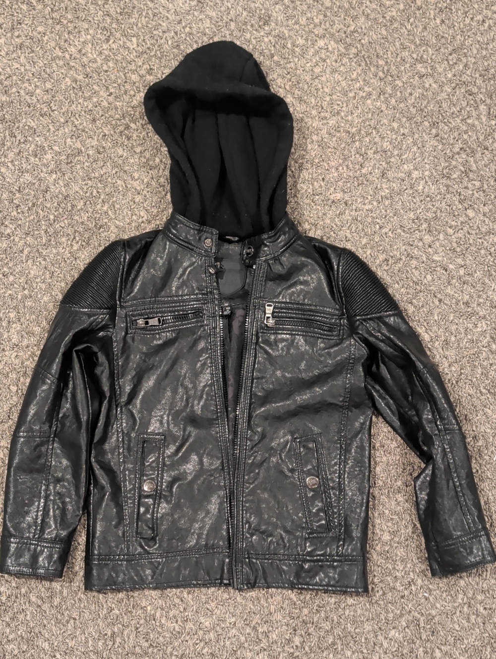 Urban Republic Black Faux Leather Hooded Moto Jacket for Kids